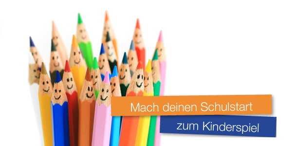 Mach deinen Schulstart zum Kinderspiel Buntstifte mit aufgemalten Gesichtern